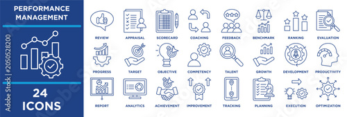 Performance Management icon collection set. Containing review, appraisal, scorecard, coaching, feedback, benchmark, ranking, evaluation. line vector.