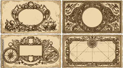 Set of four vintage nautical and maritime cartography frames with engraved style details.