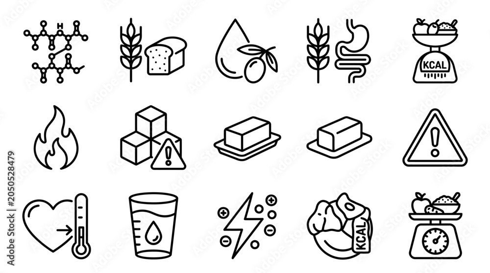 Fototapeta premium Set of nutrition and diet line icons featuring food and health symbols.
