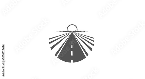 A minimalist graphic icon of a road leading toward a rising sun on the horizon