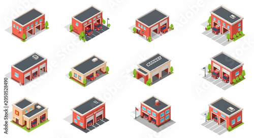 Fotografie Collection of isometric fire stations and garages with red doors and white walls, set against a white background