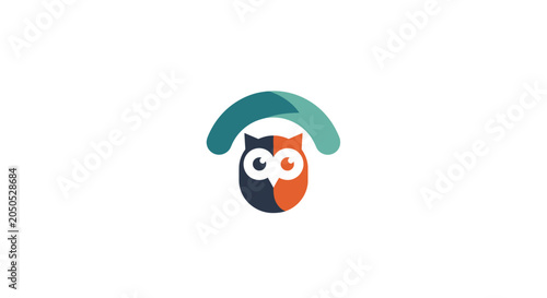A minimalist graphic illustration featuring a stylized owl icon on white background