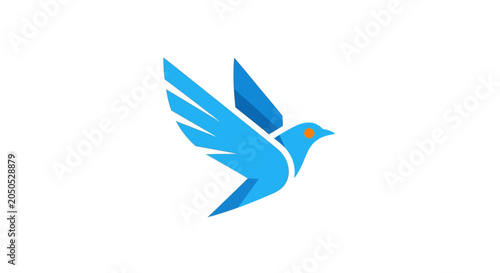 A minimalist graphic illustration of a blue bird flying in the sky