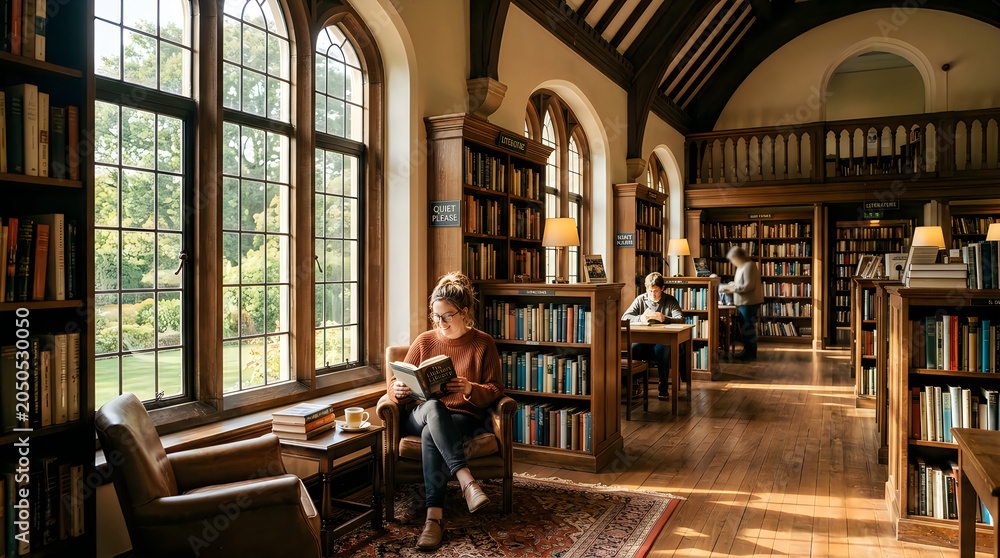 Naklejka premium Cozy library interior with people reading near large windows