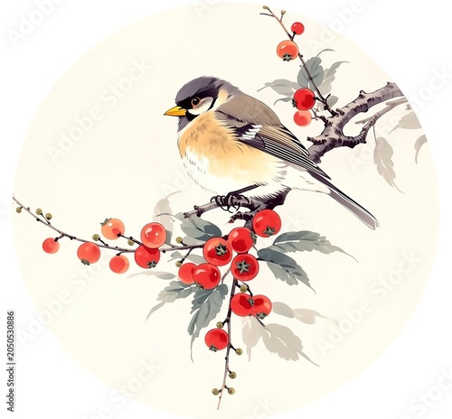Traditional Circular Brush Painting Bird With Gray Head Yellow Beak Brown Yellow Chest Gray Wings White Accents Perched On Branch With Red Berries Green Leaves Light Beige Background