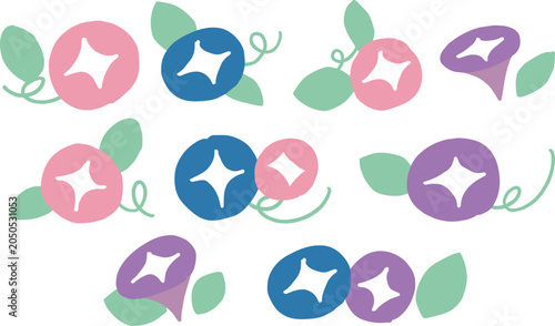 夏の朝顔イラスト。朝顔のベクターフレーム。夏の植物背景。Summer morning glory illustration. Morning glory vector frame. Summer plant background.
