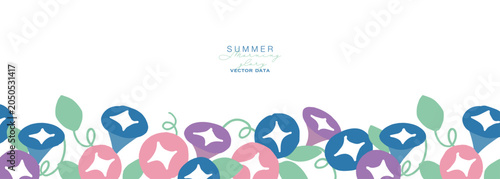 夏の朝顔イラスト。朝顔のベクターフレーム。夏の植物背景。Summer morning glory illustration. Morning glory vector frame. Summer plant background.