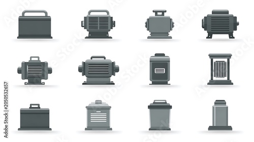 Grid of gray electric motors and industrial components on white machinery equipment