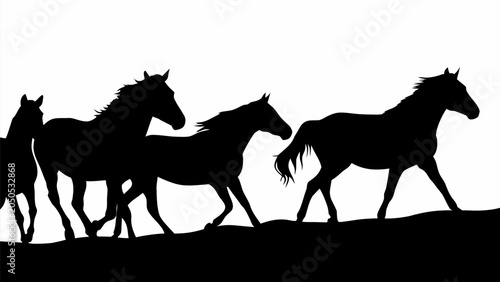 Silhouette of a herd of wild horses running across open plains at sunset in powerful motion with dynamic shadows