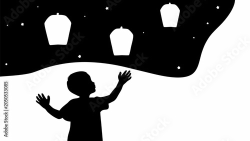 Картината върху платно Silhouette of a child reaching toward floating lanterns in the night sky symboli