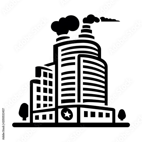 Industrial factory building with smoke emitting from chimneys and star emblem on white background