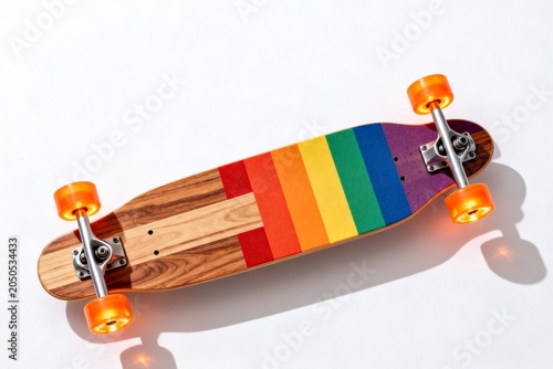 Rainbow-Striped Longboard on White Background