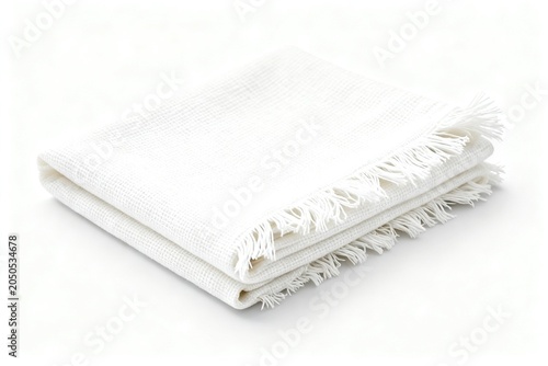 Folded White Textile with Fringe on Plain Background