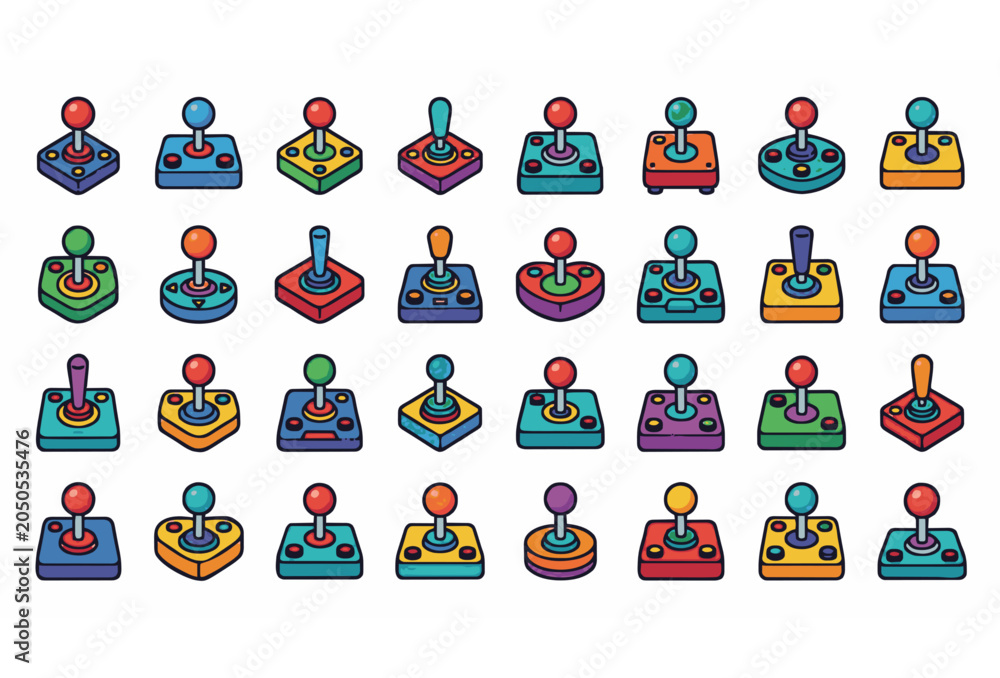 Fototapeta premium Colorful arcade joystick icon set featuring retro gaming controllers and classic video game machine symbols