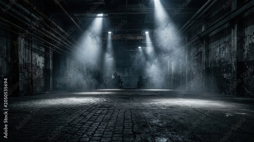 Fototapeta premium Dark grunge 3D display background with a smoky atmosphere and spotlight beams.