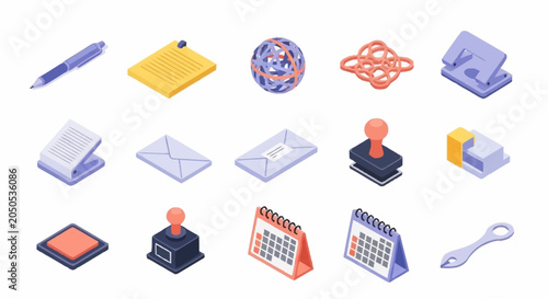 Foto Collection of isometric office supplies and stationery items on a white background