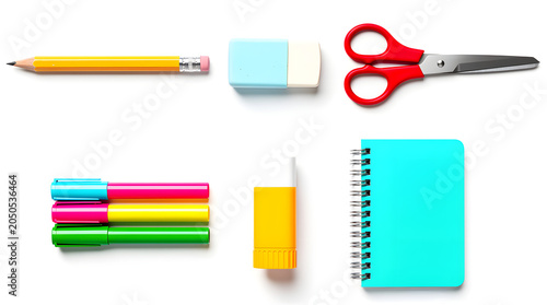 School Supply Essentials: A neat arrangement of essential school supplies, including a yellow pencil, eraser, red scissors, colorful markers, a pencil sharpener, and a turquoise spiral notebook.