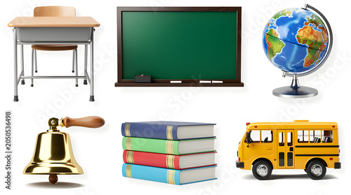 School Supplies Montage: A collection of classic school items, including a desk, blackboard, globe, bell, books, and a school bus, symbolizing education and learning.