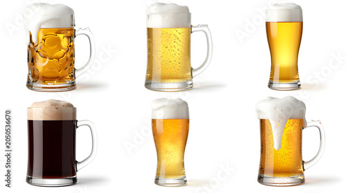 A Variety of Beers: Six distinct glasses filled with frothy beer, showcasing different shades from golden amber to deep brown, presented against a clean backdrop.