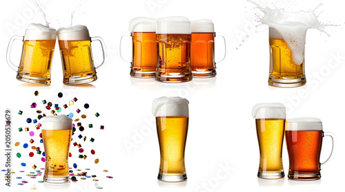 Collection of Golden Brews: A vibrant assortment of beer glasses, mugs, and steins, showcasing frothy foam, condensation, and energetic splashes, perfect for celebrating good times.