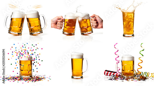 Set of Beers for Celebration: A vibrant collection showcasing frothy mugs of beer, clinking in celebration, splashing in a glass, and adorned with confetti and streamers.