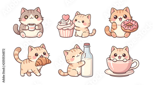 Kawaii Cats Enjoying Treats: A delightful collection of charming cartoon kittens indulging in various sweet treats and beverages, from coffee and cupcakes to donuts, croissants, and milk.