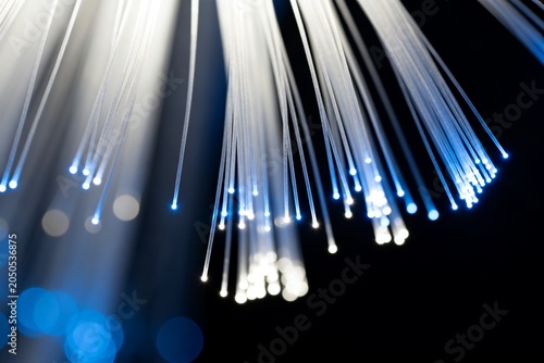 Fiber Optic Cables Emitting Blue Light Against Dark Background