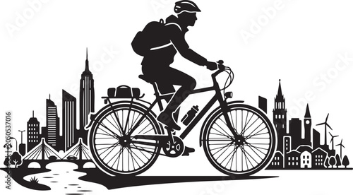 City cyclist, urban bike rider, black silhouette, cityscape background, vector illustration