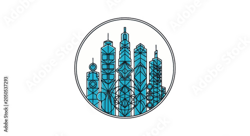 Bild auf Leinwand Digitally created illustration featuring a cityscape within a circular frame wit