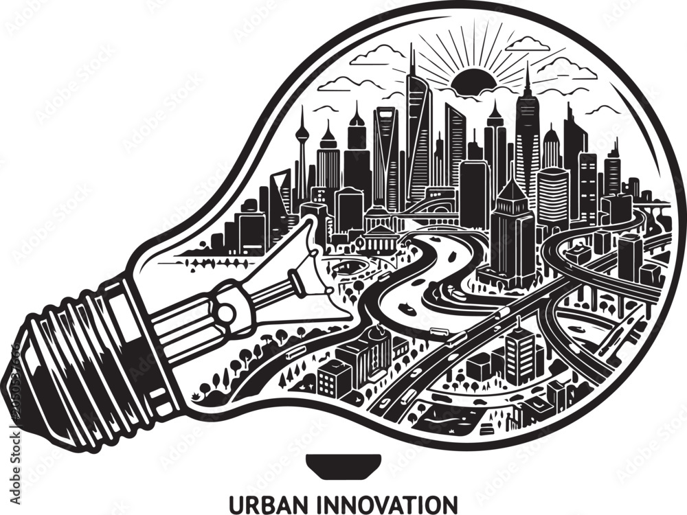 Obraz premium Urban innovation cityscape, light bulb idea, black and white vector, city skyline, creative concept