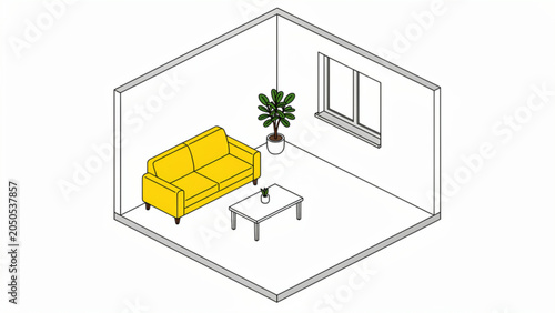 Minimalist Living Room Interior with Yellow Sofa and Green Plant.