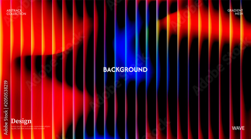 Abstract orange blue green background in dark glossy with striped effect. Refraction of wavy striped glass.