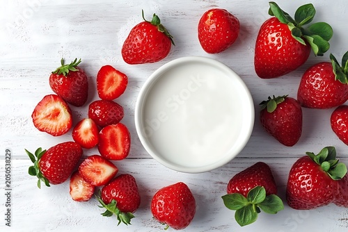 Fresh Whole and Sliced Strawberries with Cream in a White Bowl on White Wooden Surface