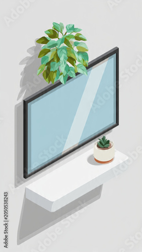 Modern Flat Screen Computer Monitor with Houseplant and Desk Accessories.