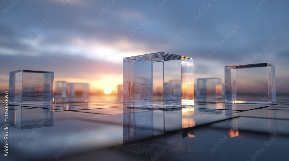 Obraz premium A futuristic abstract cityscape of geometric cube shaped buildings and transparent structures, creating a modern and innovative architectural background.