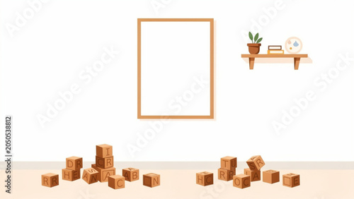 Minimalist Interior with Wooden Blocks and Shelves.