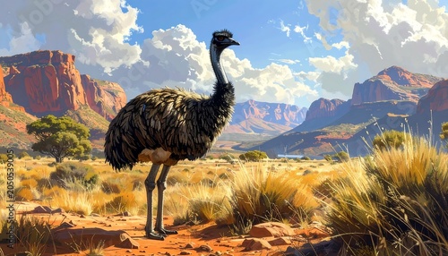 An emu stands tall amidst an arid landscape, with red-hued mountains in the background under a bright, sunny sky