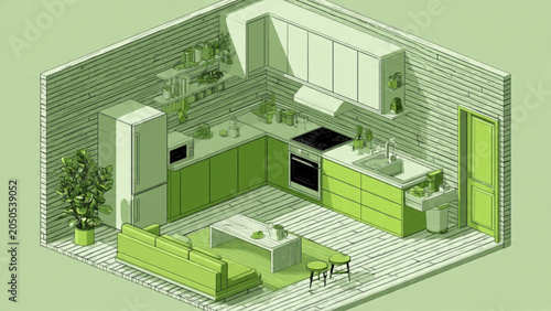 Modern Green Kitchen Interior with Appliances and Furniture.