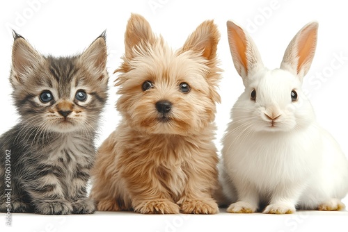 Cute kittens, adorable puppy, and white rabbit sitting together, adorable pets, furry animals, young animals, domestic pets, playful, curious