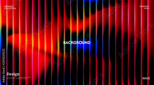 Abstract orange blue green background in dark glossy with striped effect. Refraction of wavy striped glass.