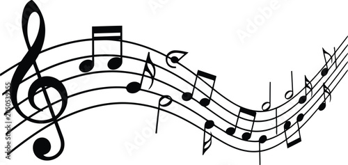 Cuadro en lienzo Abstract Musical Notes and Staff Line on White Background, Black Melody Wave Des