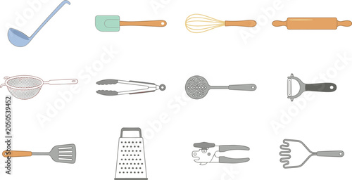Foto Culinary Cooking Equipment and Kitchenware Collection Featuring Ladle Whisk Roll