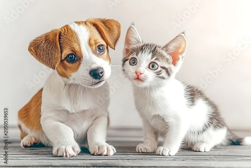 Adorable brown and white puppy with blue eyes sitting next to fluffy gray and white kitten on wooden surface