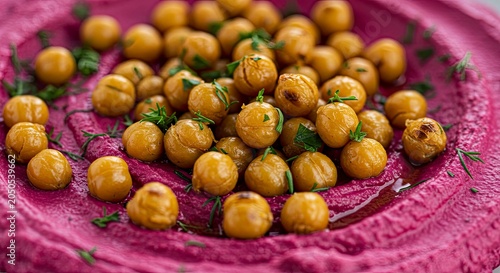 Roasted Chickpeas with Beetroot Hummus and Rosemary Garnish