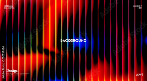 Abstract orange blue green background in dark glossy with striped effect. Refraction of wavy striped glass.