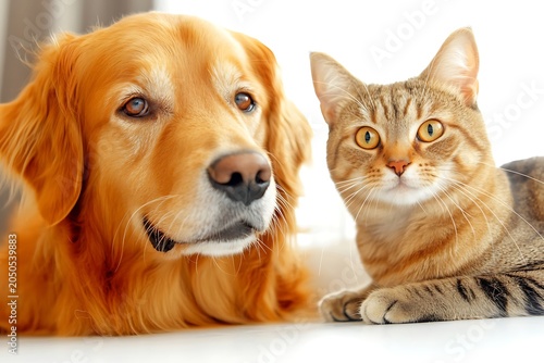 Close-up of a Golden Retriever dog and a tabby cat lying on smooth surface indoors, animal companionship