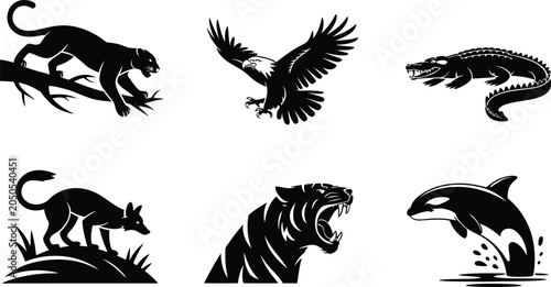 Set of black animal silhouettes including panther, eagle, and orca
