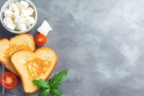 Fresh bread slices with cheese, tomatoes, and herbs on a gray textured surface for breakfast or snack ideas