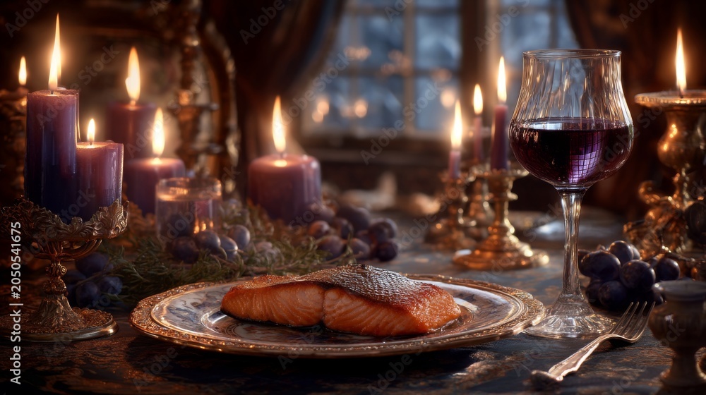 Fototapeta premium Elegant table setting with grilled salmon, fine wine, candles, and dark fruits creating a cozy and sophisticated dining atmosphere in warm tones