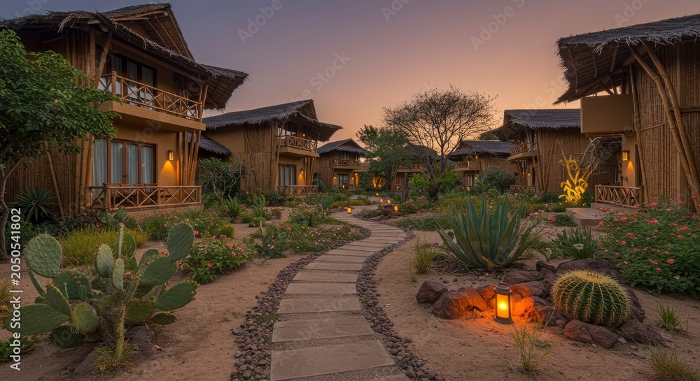 Obraz premium Tropical Resort Oasis at Dusk with Lush Gardens